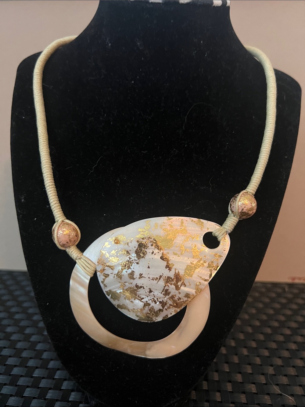 Vintage Shell  Gold Fleck Pendant on cord Necklace seashell